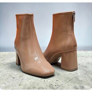 Camel Patent Leather Square Toe Block Heel Ankle Boots With Back Zipper Closure